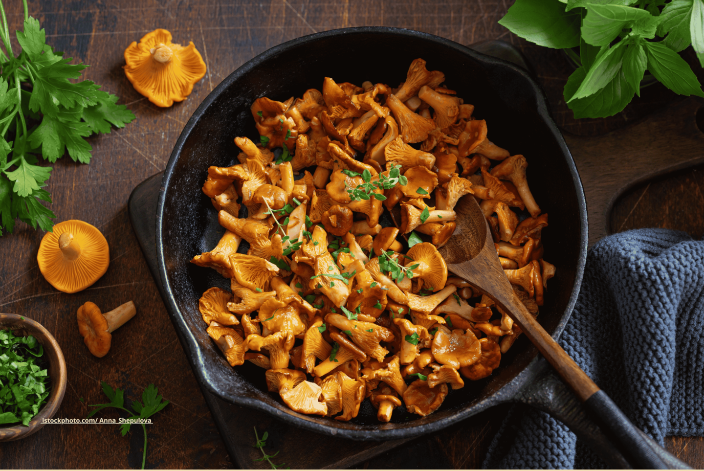 Eine Pfanne mit gebratenen  Pfifferlinge, Petersilie und einem Kochlöffel.