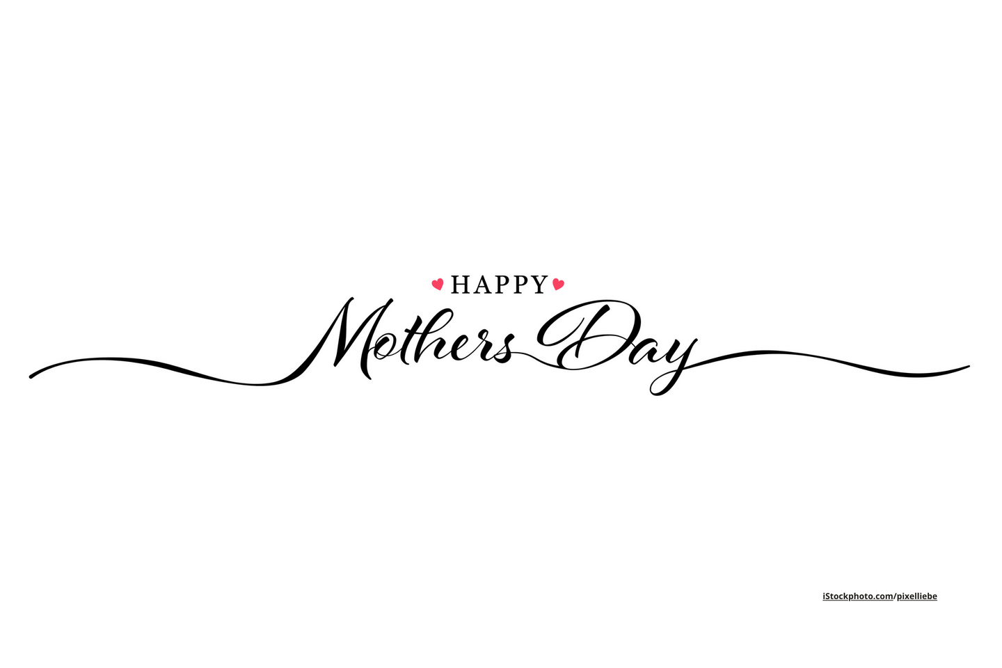 Schriftbeispiel für Faux-Kalligrafie mit dem Schriftzug Happy zwischen zwei Herzen in Druckbuchstaben und Mothers Day in geschwungener Schrift.