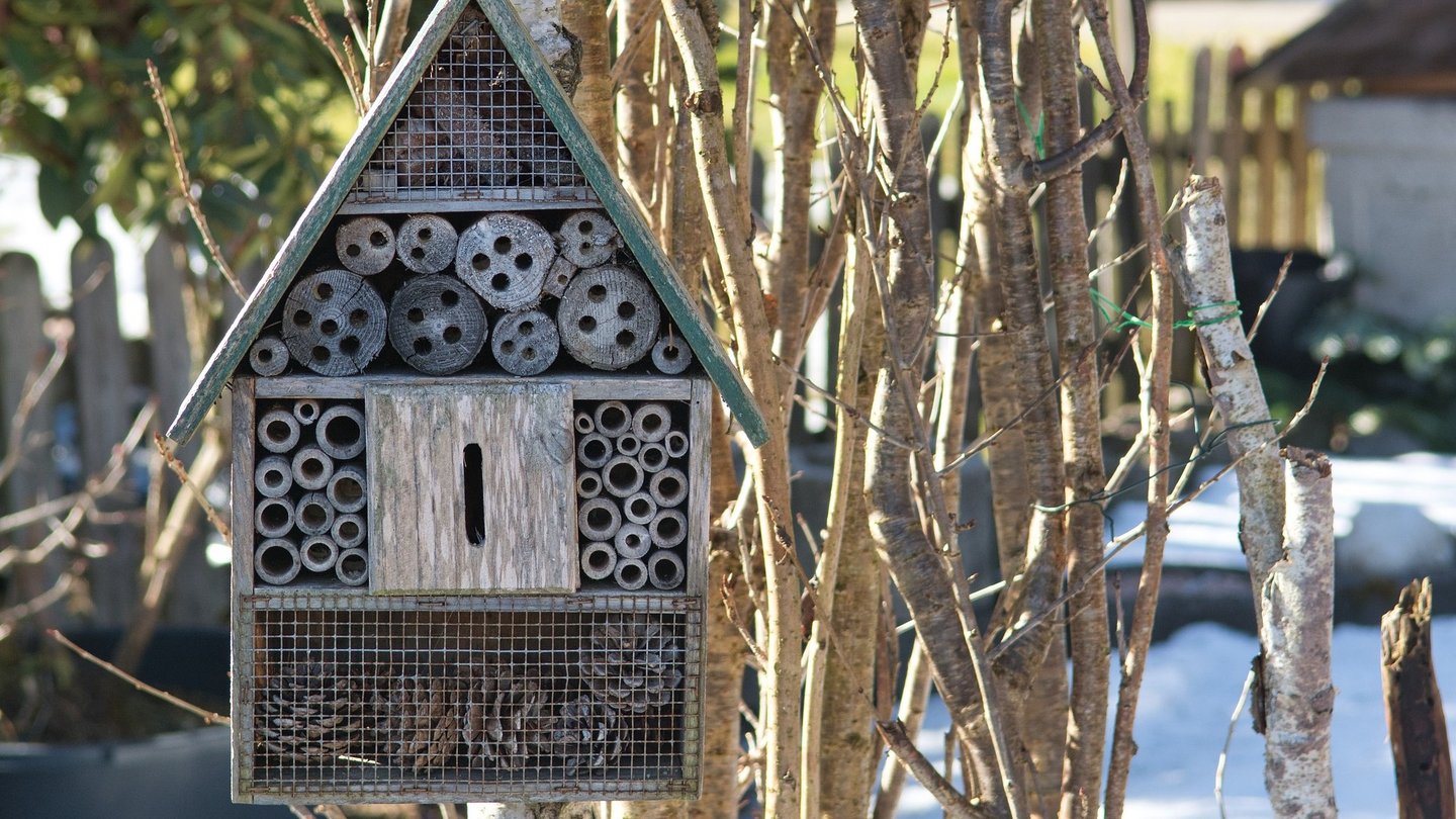 Das Bild zeigt ein Insektenhotel in einem Garten.