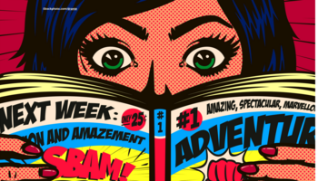 Das Foto zeigt ein aufgeregtes Mädchen im Pop-Art-Comic-Stil, das Spaß beim Lesen von Action-Comic-Büchern hat.