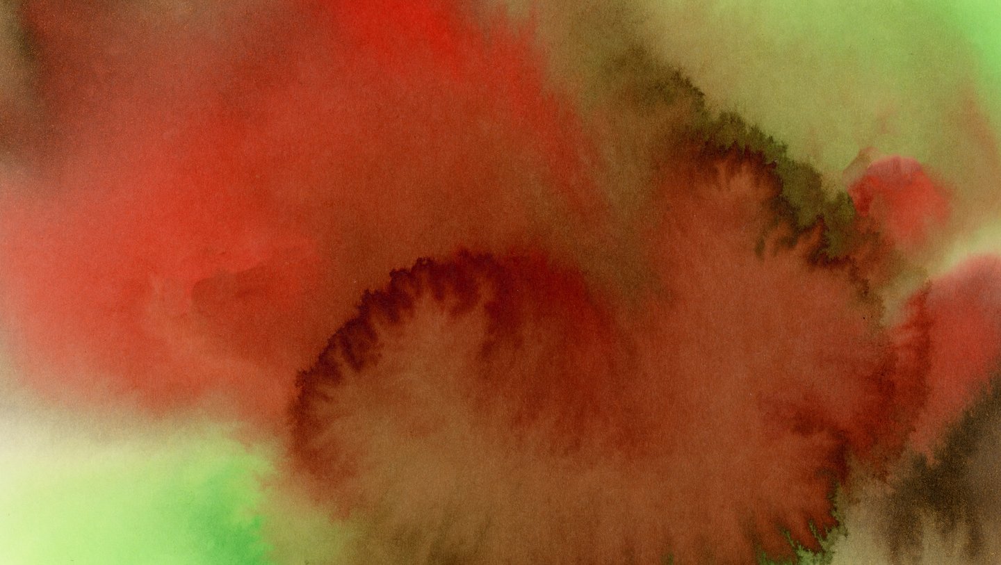 Das Bild zeigt ein Aquarell in den Farben Rot, Grün und Braun.
