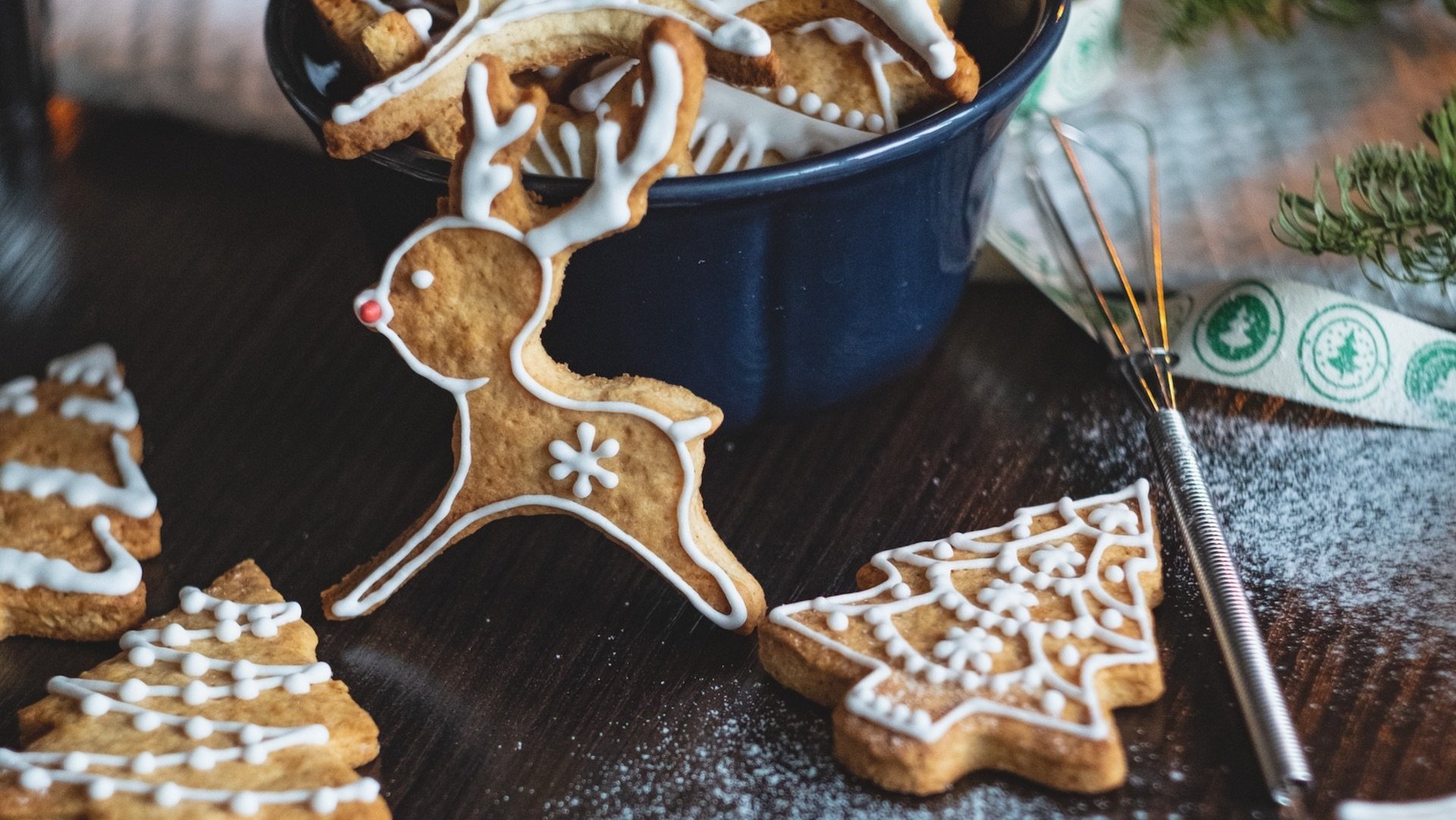 Das Foto zeigt ein Plätzchen in Rentierform an einer blauen Schüssel angelehnt, die mit weihnachtlichen Plätzchen gefüllt ist.