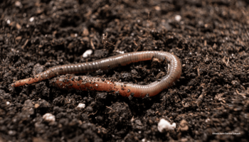 Das Foto zeigt einen großen Regenwurm in der schwarzen Erde in Nahaufnahme.