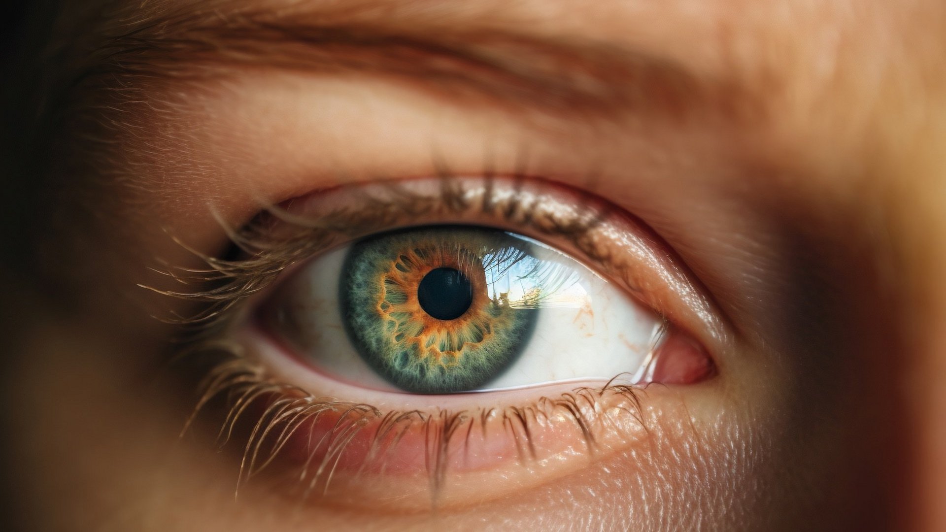 Das Bild zeigt ein Auge mit blau-gelb gemusterter Iris.