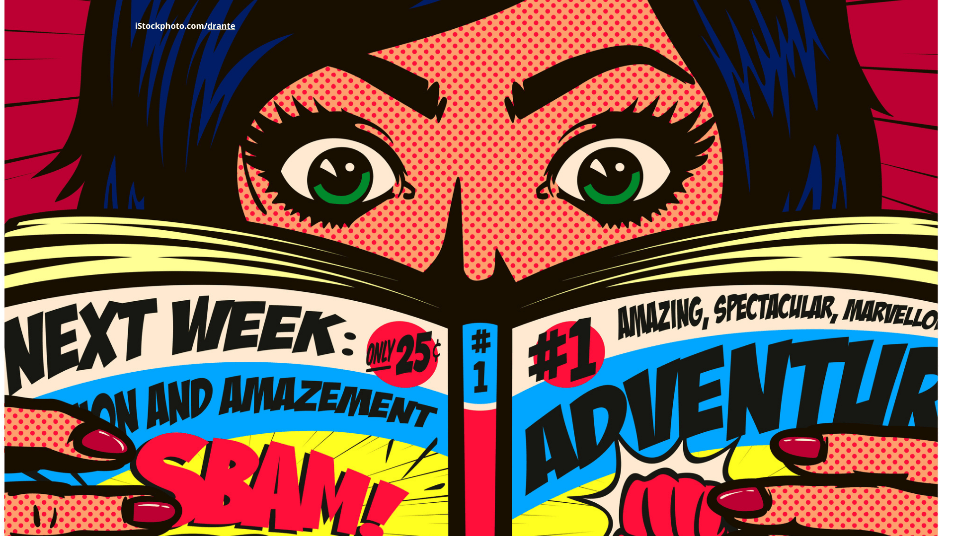 Das Foto zeigt ein aufgeregtes Mädchen im Pop-Art-Comic-Stil, das Spaß beim Lesen von Action-Comic-Büchern hat.